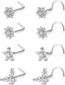 8Pcs 20G Nose Ring Studs L Shape Screw Nose Studs for Women Men Stainless Bone Nose Studs CZ Round Butterfly Snowflake Flower Small Body Piercing