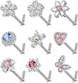 9 Pcs 20G Nose Rings Stud for Women Men Stainless Heart Butterfly L Shaped Nose Rings Star Flower Snowflake CZ Nose Piercing Jewelry