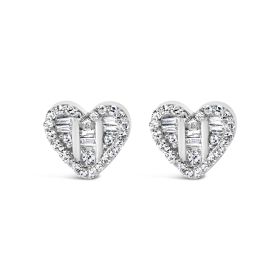 .925 Sterling Silver 1/2 Cttw Round and Baguette Diamond Composite Heart Shaped Stud Earring (I-J Color, SI2-I1 Clarity) (Metal Color: White)